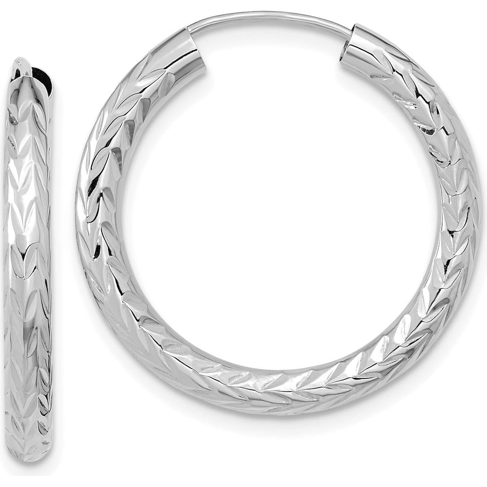 14K White Gold 3.00mm Polished & Diamond-Cut Endless Hoop Earrings - 25mm Length by 0