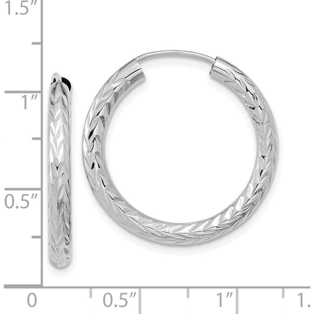 14K White Gold 3.00mm Polished & Diamond-Cut Endless Hoop Earrings - 25mm Length by 0