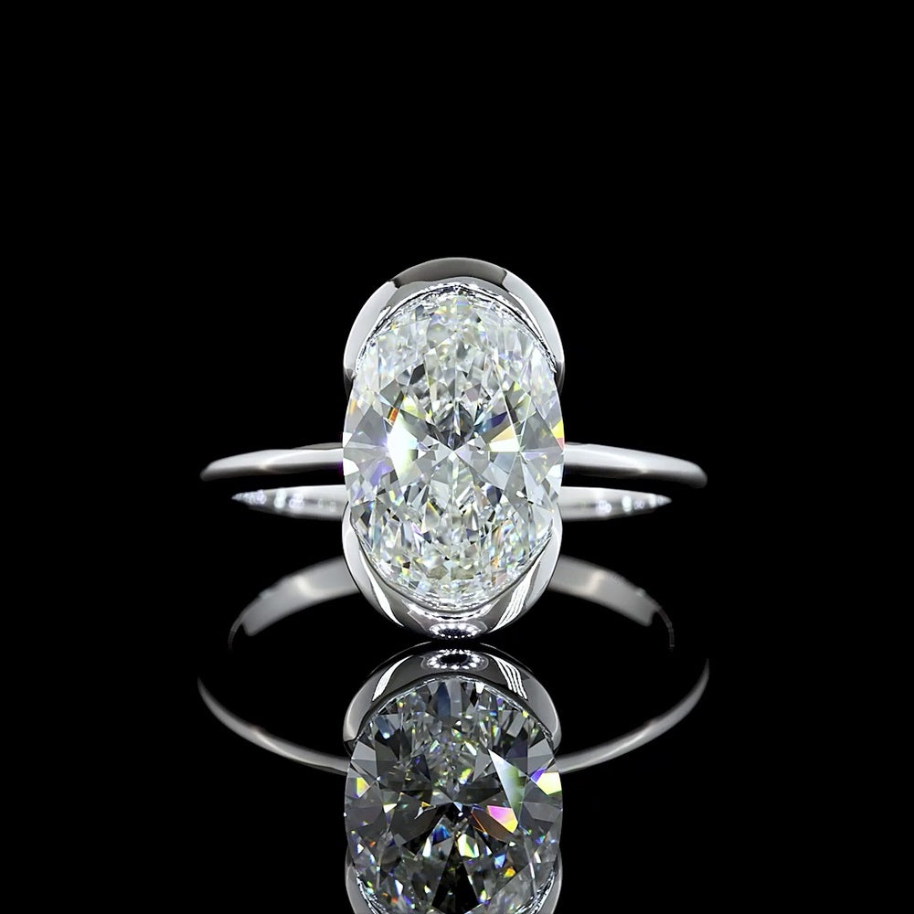 14K White Gold 3.02 Carat Oval Cut Half Bezel Set Lab Diamond Solitaire Ring - E-F Color VVS2 Clarity IGI Certified - Covaloro Fine Jewelry