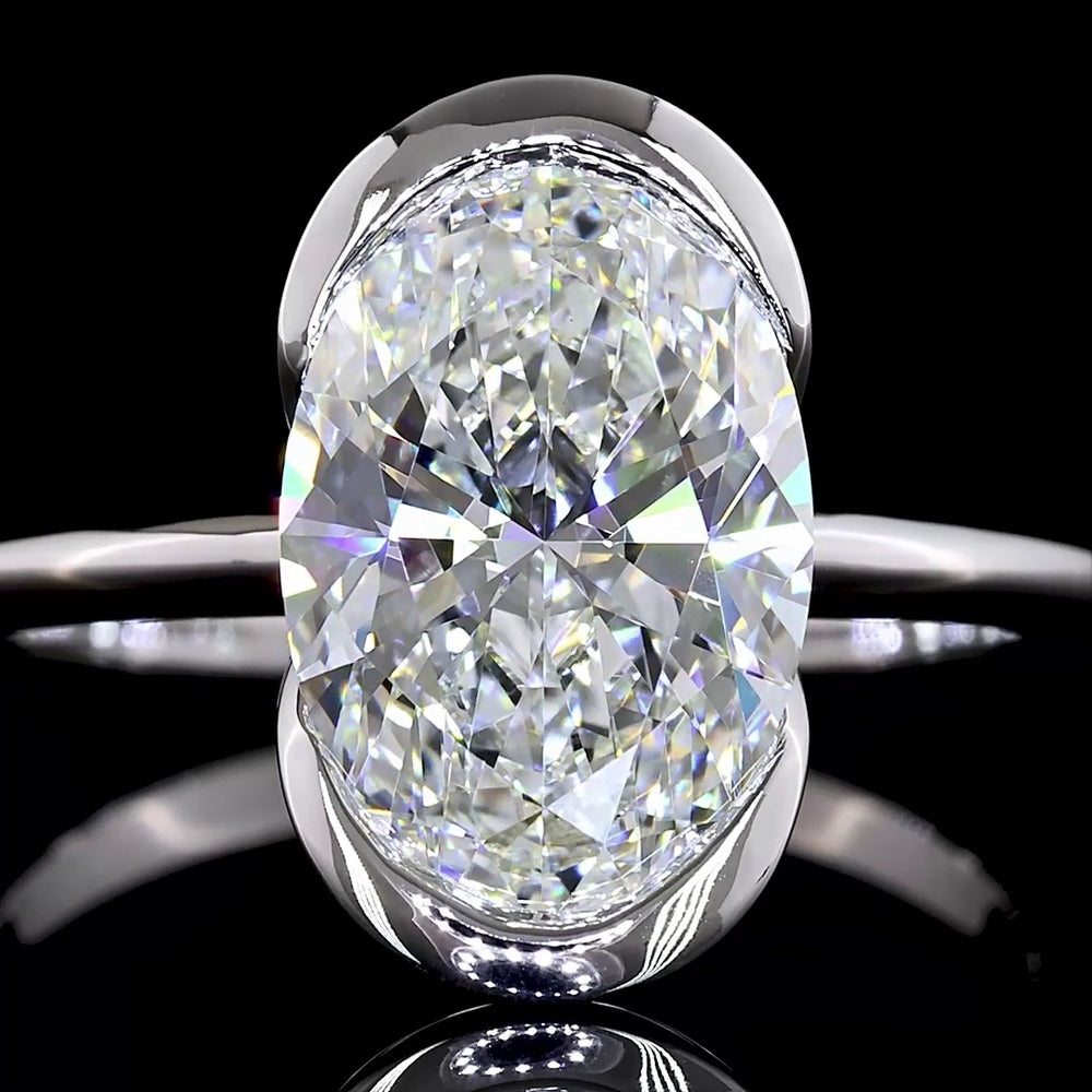 14K White Gold 3.02 Carat Oval Cut Half Bezel Set Lab Diamond Solitaire Ring - E-F Color VVS2 Clarity IGI Certified - Covaloro Fine Jewelry