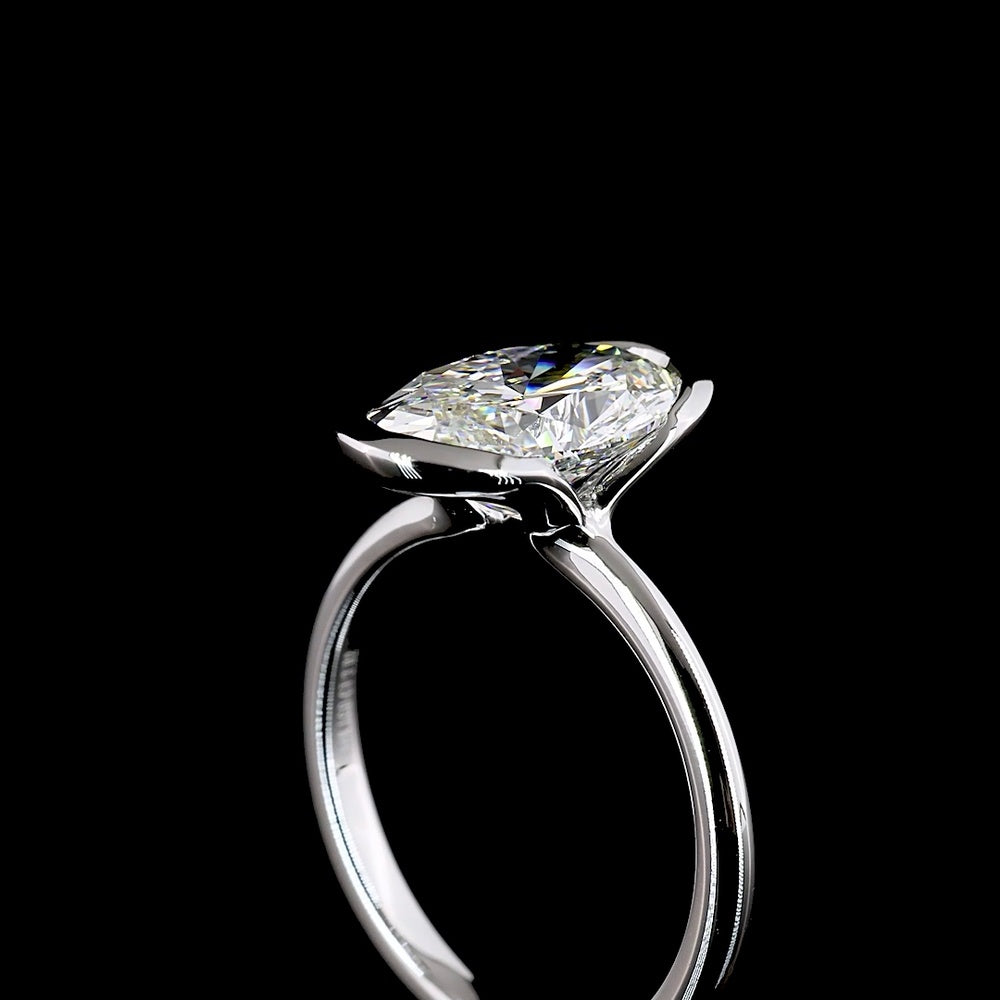 14K White Gold 3.02 Carat Oval Cut Half Bezel Set Lab Diamond Solitaire Ring - E-F Color VVS2 Clarity IGI Certified - Covaloro Fine Jewelry