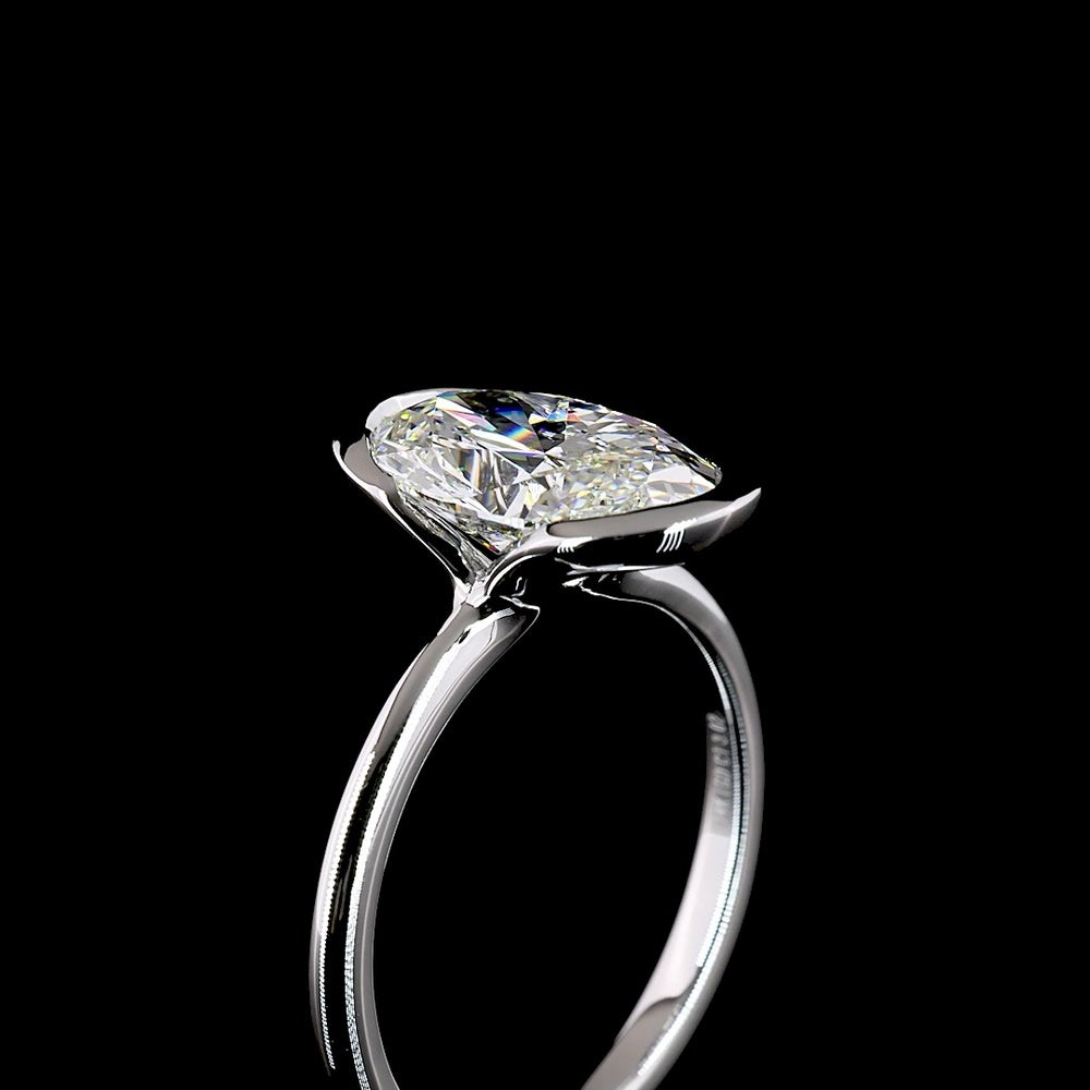14K White Gold 3.02 Carat Oval Cut Half Bezel Set Lab Diamond Solitaire Ring - E-F Color VVS2 Clarity IGI Certified - Covaloro Fine Jewelry