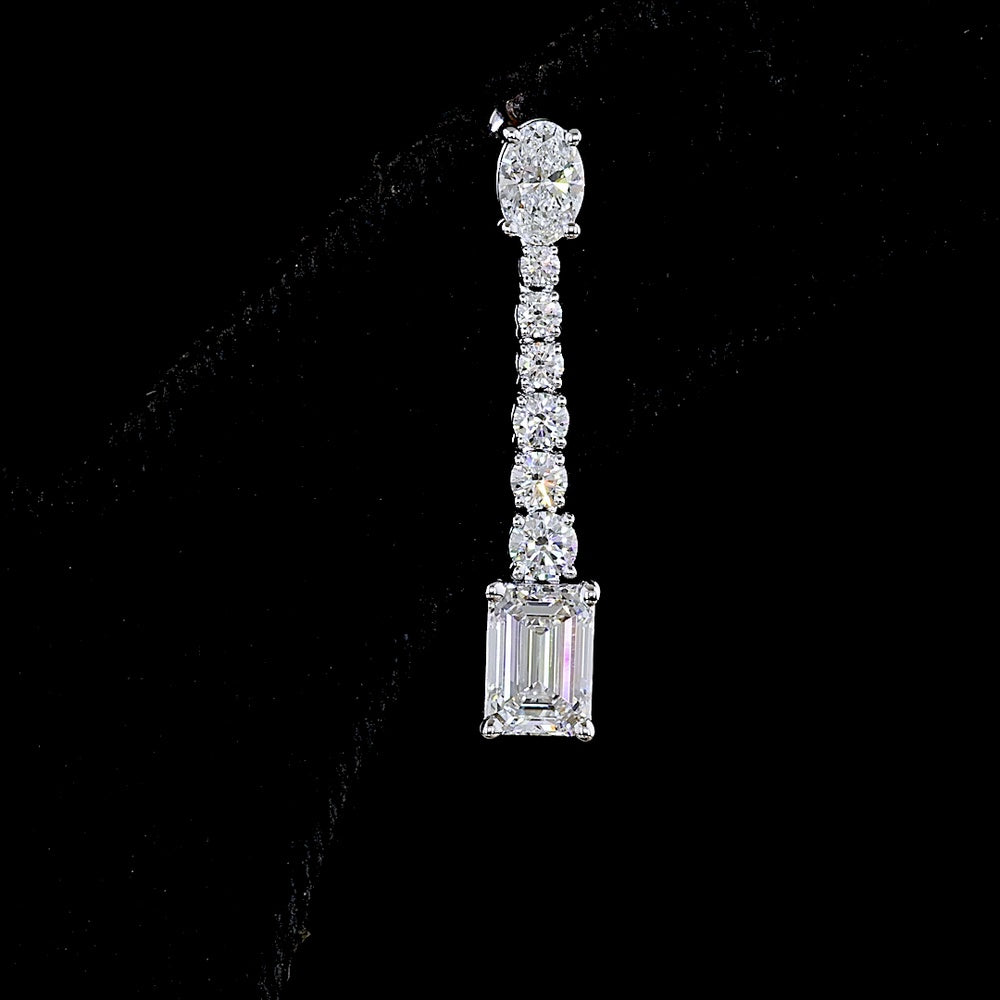 14K White Gold 3.05 Carat Mixed Shape Hanging Earrings with Oval, Round, and Emerald Cut Lab Diamonds in Prong Setting - E-F Color VS2 Clarity - Covaloro Fine Jewelry