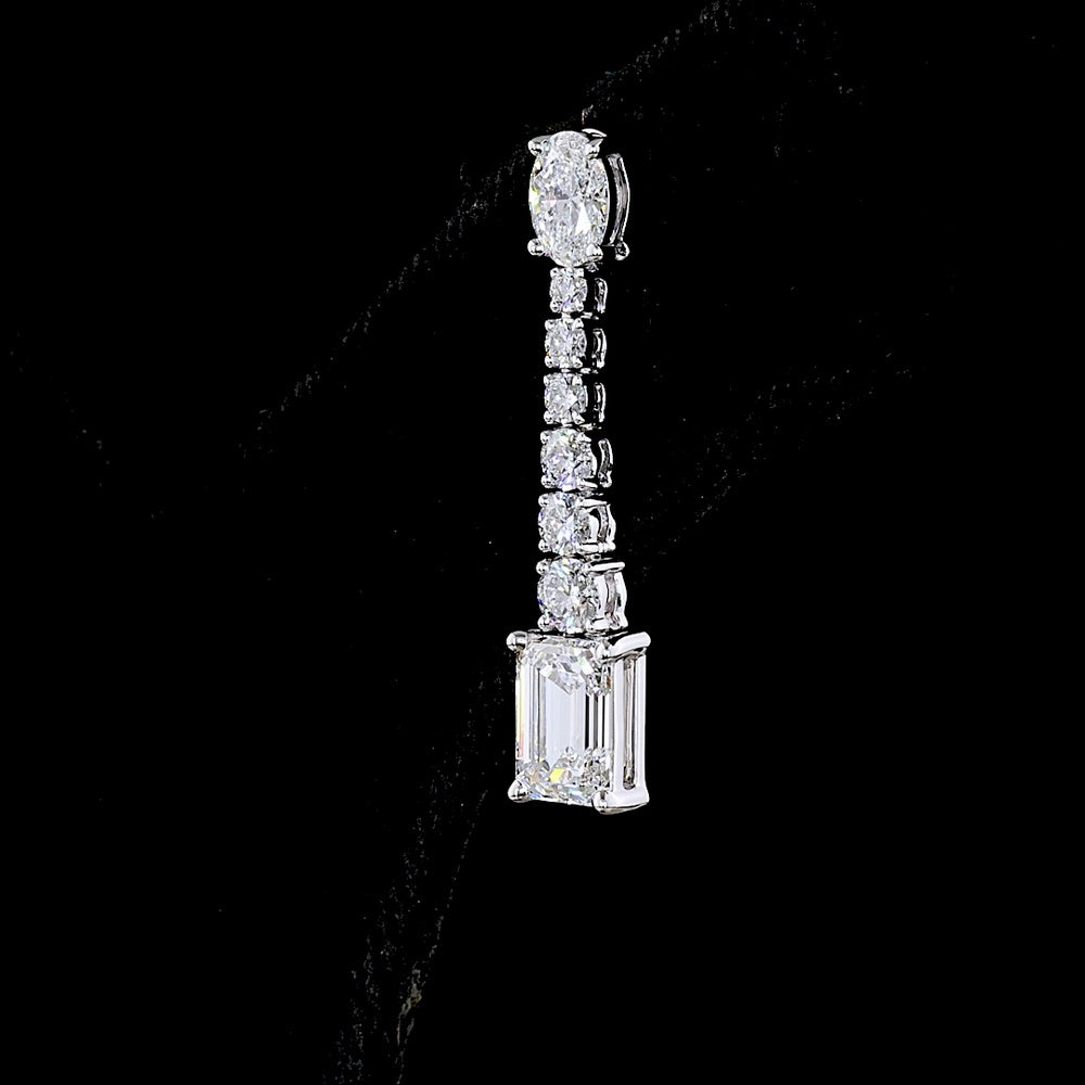 14K White Gold 3.05 Carat Mixed Shape Hanging Earrings with Oval, Round, and Emerald Cut Lab Diamonds in Prong Setting - E-F Color VS2 Clarity - Covaloro Fine Jewelry