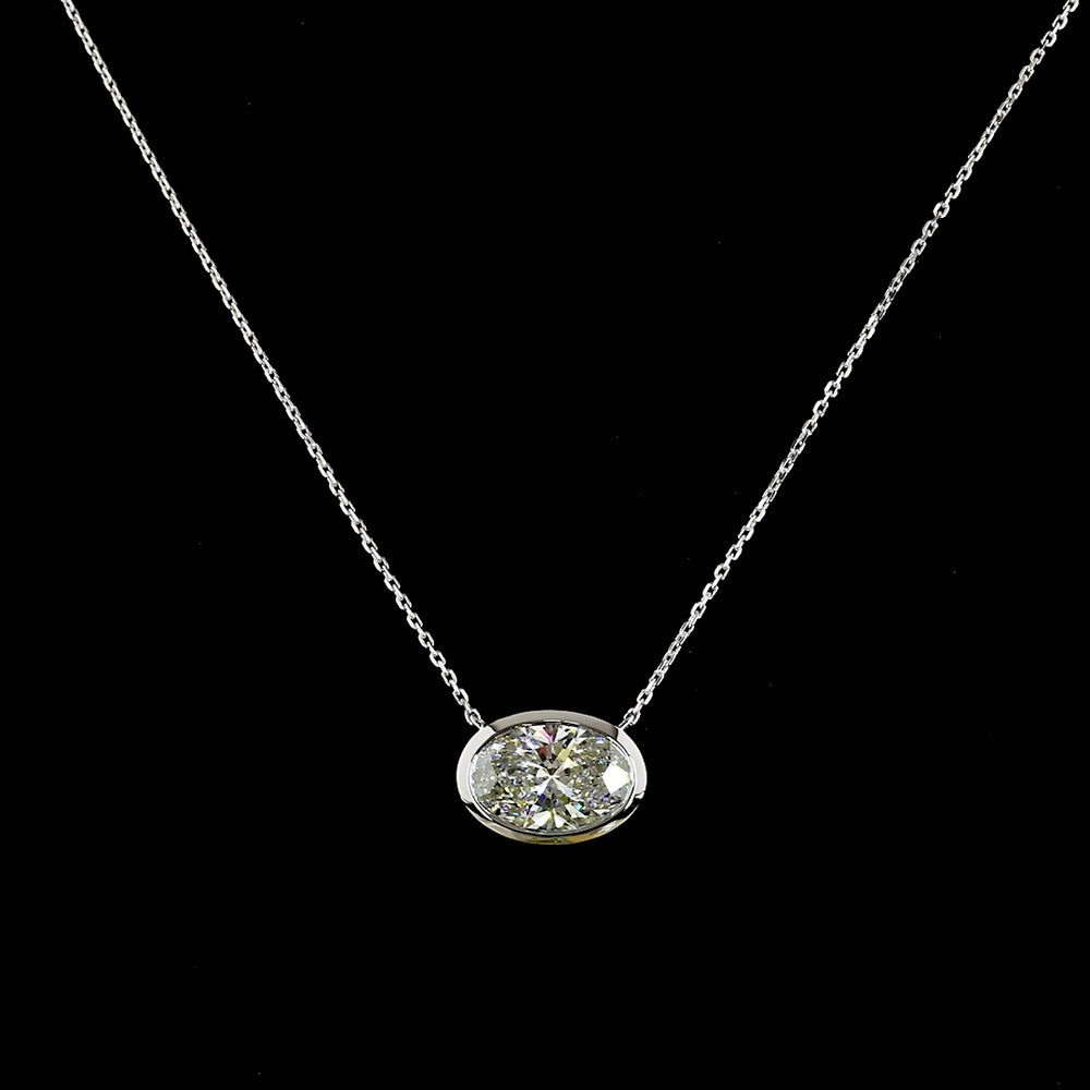 14K White Gold 3.06 Carat Oval Lab Diamond Solitaire Pendant in East-West Bezel Setting - E-F Color VS1 Clarity IGI Certified - Covaloro Fine Jewelry