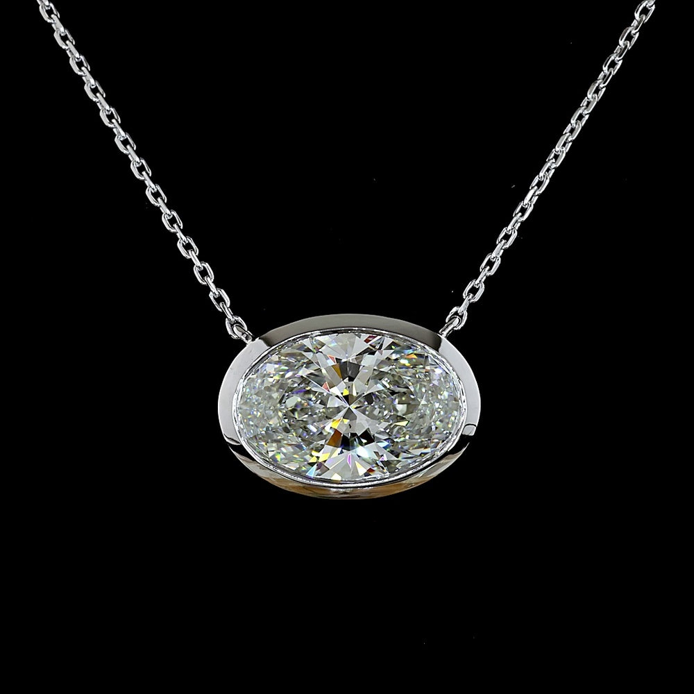 14K White Gold 3.06 Carat Oval Lab Diamond Solitaire Pendant in East-West Bezel Setting - E-F Color VS1 Clarity IGI Certified - Covaloro Fine Jewelry