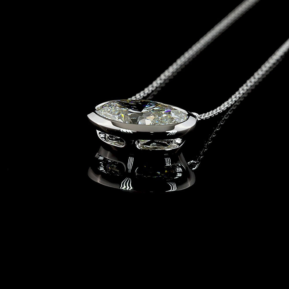 14K White Gold 3.06 Carat Oval Lab Diamond Solitaire Pendant in East-West Bezel Setting - E-F Color VS1 Clarity IGI Certified - Covaloro Fine Jewelry