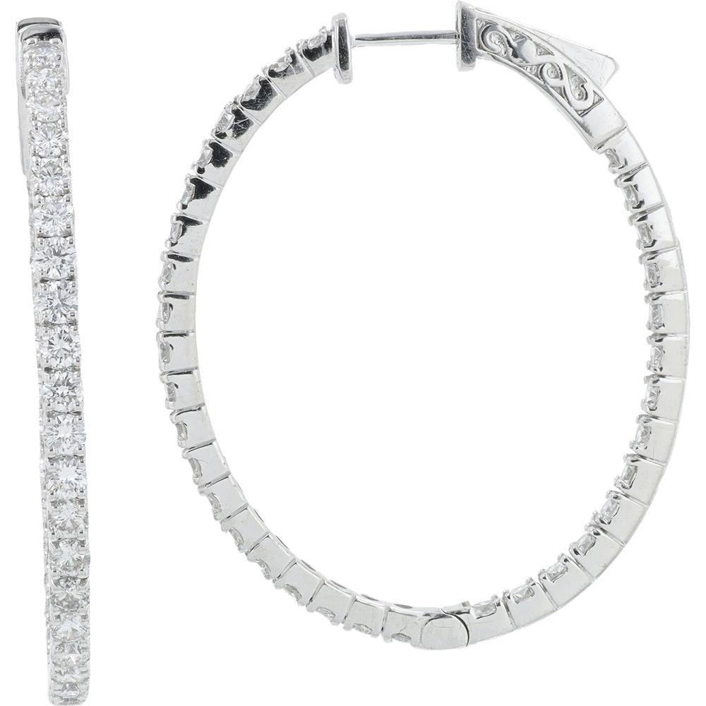14K White Gold 3.13 Carat Diamond Inside - Out Hoop Earrings - 3.13 Carat Total Diamond Weight