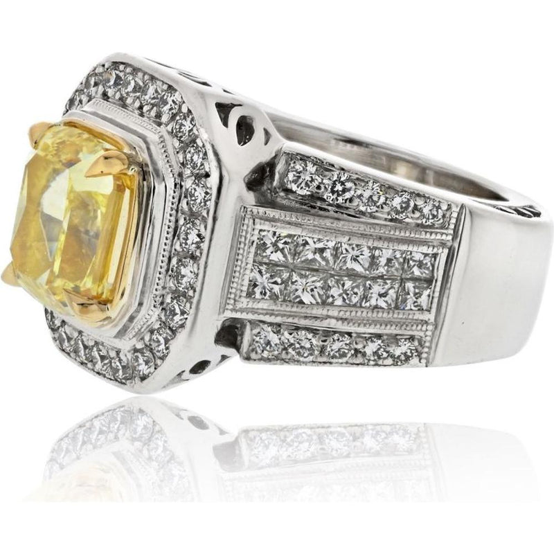 14K White Gold 3.20 Carat Fancy Yellow Intense Cushion Cut Diamond Engagement Ring