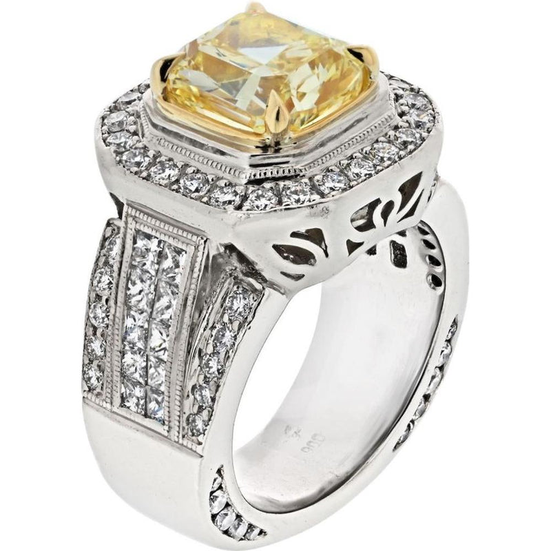 14K White Gold 3.20 Carat Fancy Yellow Intense Cushion Cut Diamond Engagement Ring