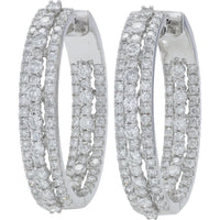 14K White Gold 3.21 Carat Total Diamond Inside - Out Hoop Earrings - Prong Set Round Diamonds