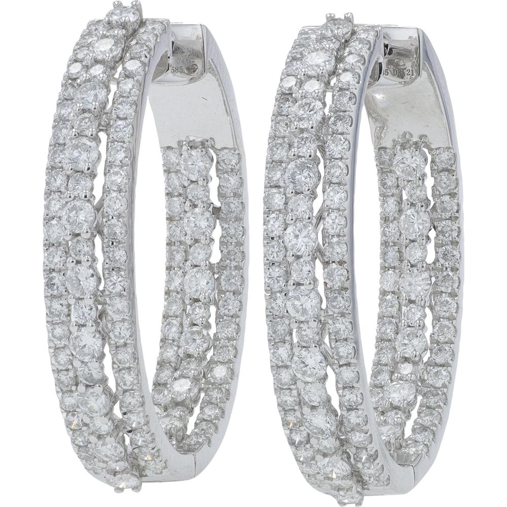 14K White Gold 3.21 Carat Total Diamond Inside - Out Hoop Earrings - Prong Set Round Diamonds