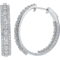 14K White Gold 3.21 Carat Total Diamond Inside - Out Hoop Earrings - Prong Set Round Diamonds