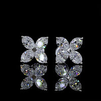 14K White Gold 3.21 Carats Total Weight Floral Cluster Stud Earrings with Inclined Oval Cut Lab Diamonds - E-F VS1 Clarity - Covaloro Fine Jewelry