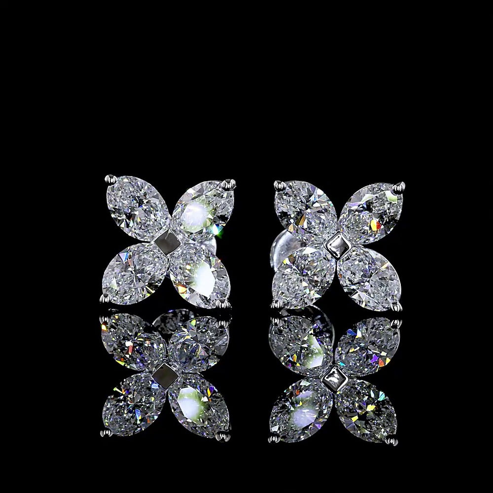 14K White Gold 3.21 Carats Total Weight Floral Cluster Stud Earrings with Inclined Oval Cut Lab Diamonds - E-F VS1 Clarity - Covaloro Fine Jewelry