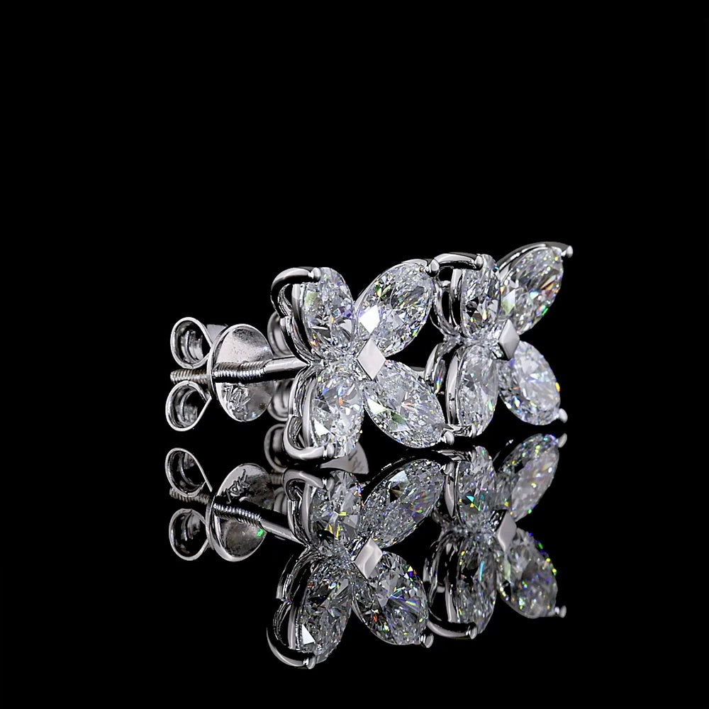 14K White Gold 3.21 Carats Total Weight Floral Cluster Stud Earrings with Inclined Oval Cut Lab Diamonds - E-F VS1 Clarity - Covaloro Fine Jewelry