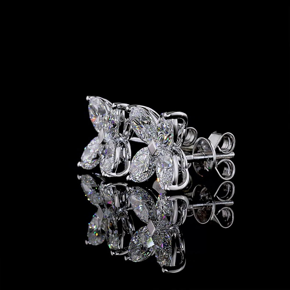 14K White Gold 3.21 Carats Total Weight Floral Cluster Stud Earrings with Inclined Oval Cut Lab Diamonds - E-F VS1 Clarity - Covaloro Fine Jewelry