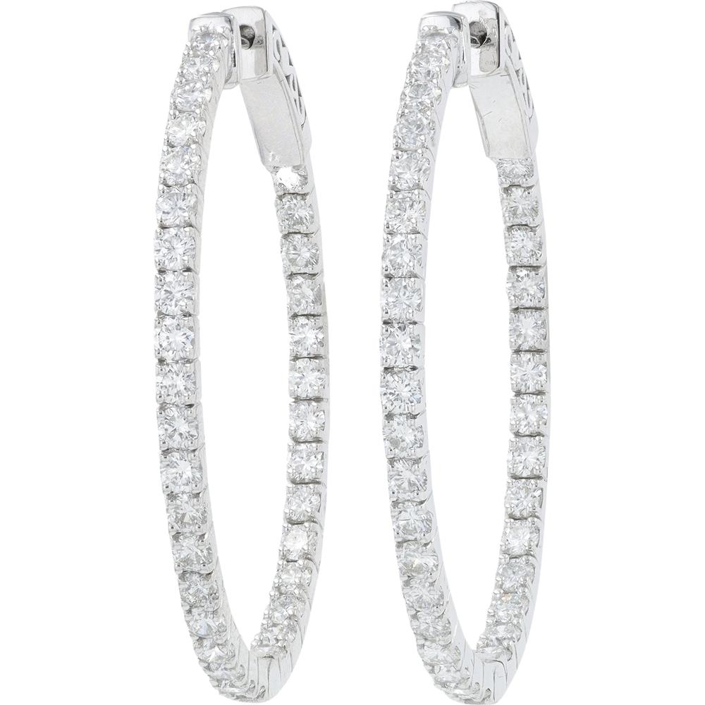 14K White Gold 3.29 Carat Diamond Inside - Out Hoop Earrings - Prong Set Round Diamonds