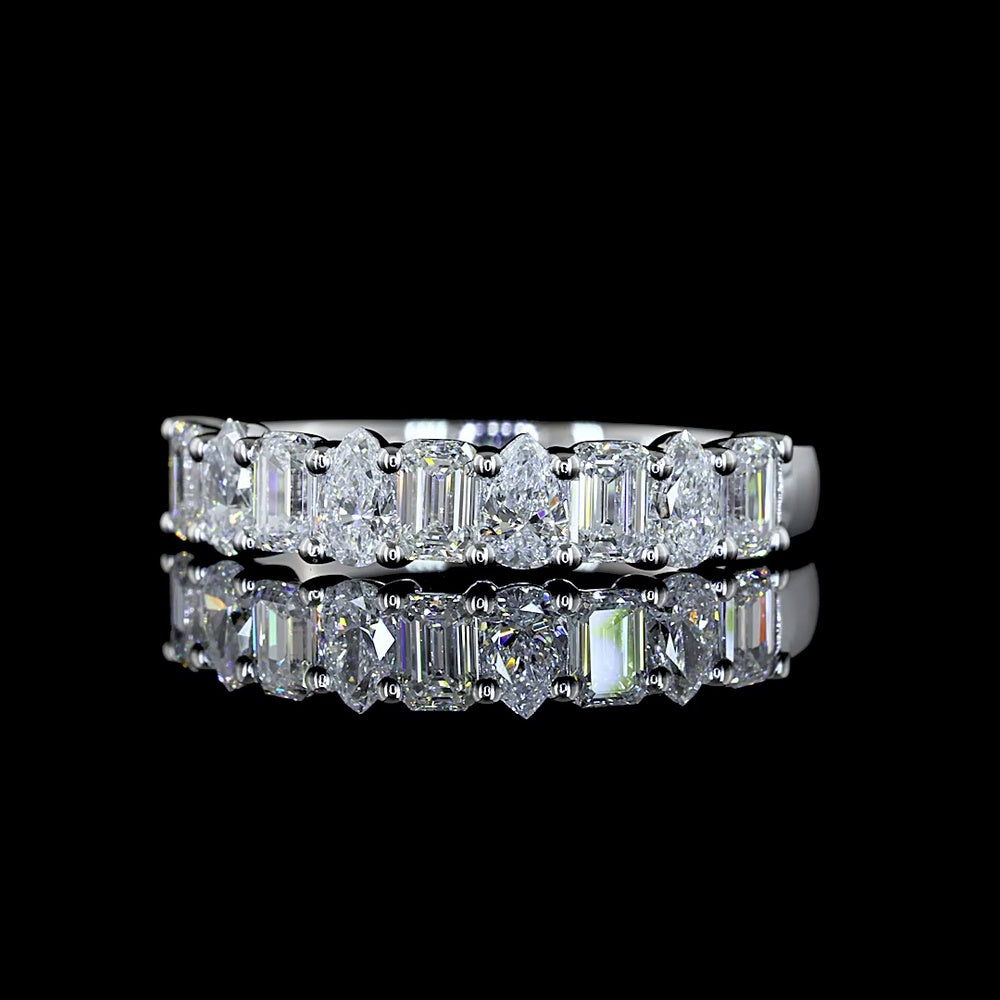 14K White Gold 3/4 Eternity Band with Alternating Emerald Cut and Pear Shape Lab Diamonds - 0.91 Carats Total Diamond Weight - Covaloro Fine Jewelry