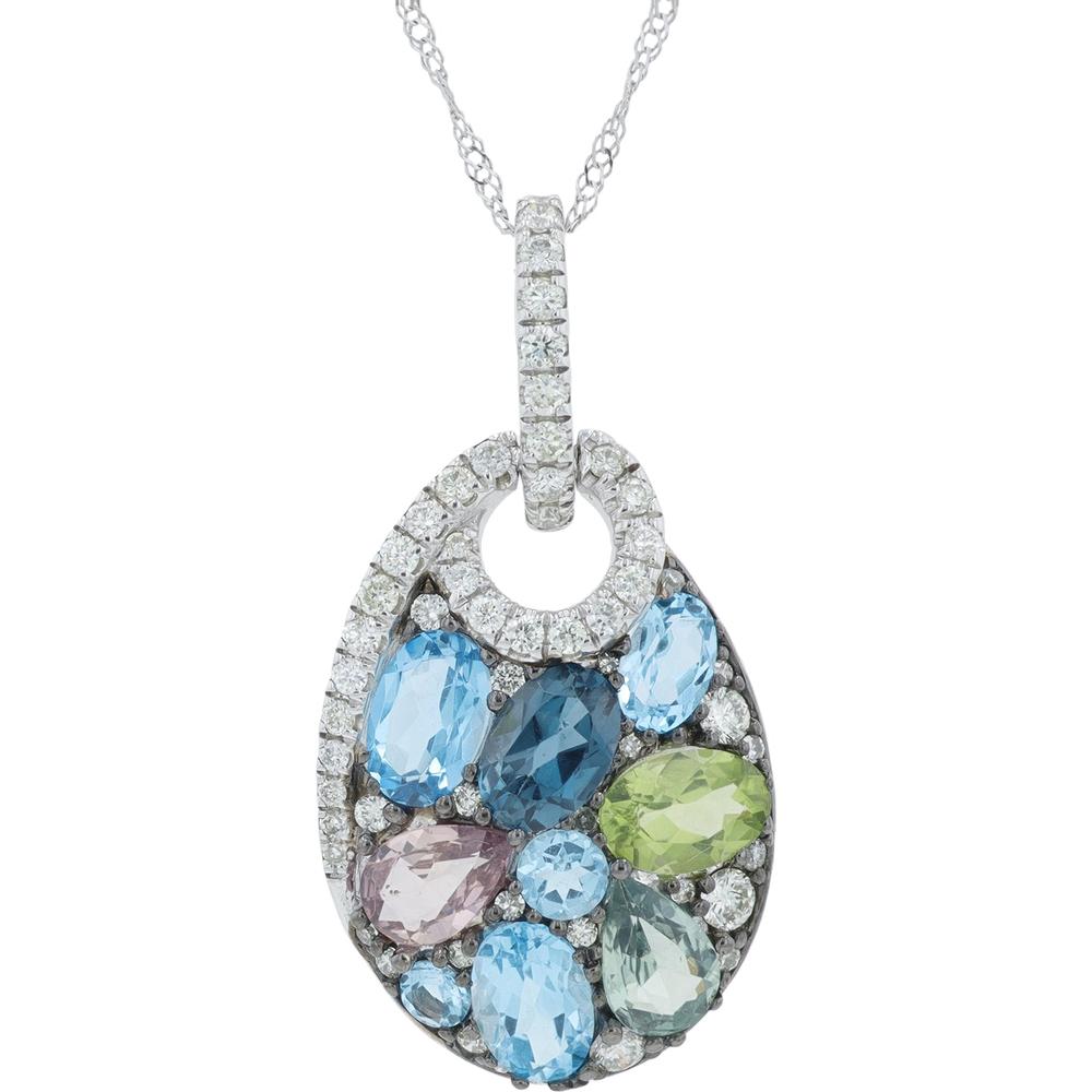 14K White Gold 3.40 Carat Total Weight Multi - Gemstone Teardrop Pendant with 0.55 Carat Diamond Accents