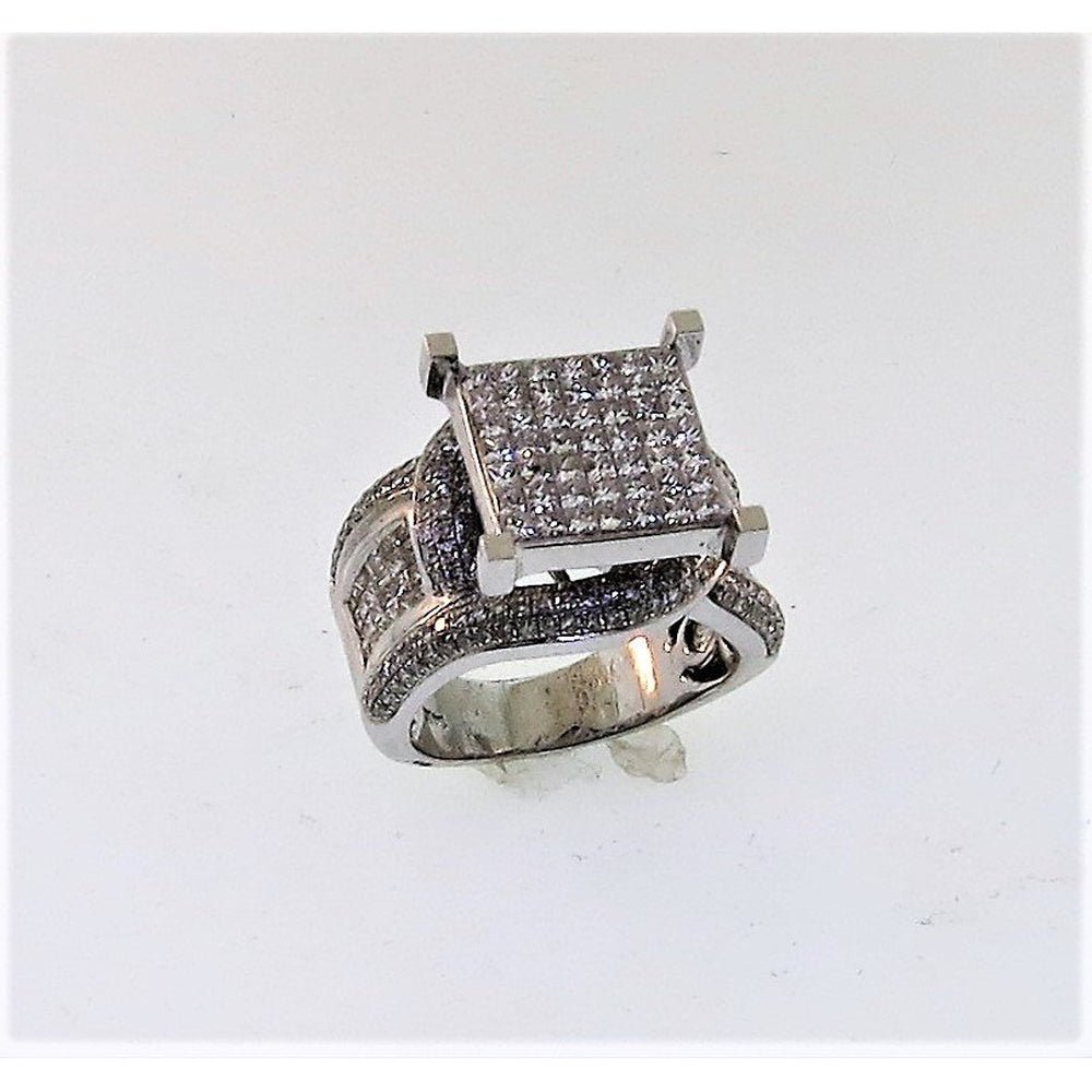 14K White Gold 3.50 Carat Total Diamond Weight Square Cluster Split Shank Fashion Ring with Pave Set Round Diamonds by Auriventus