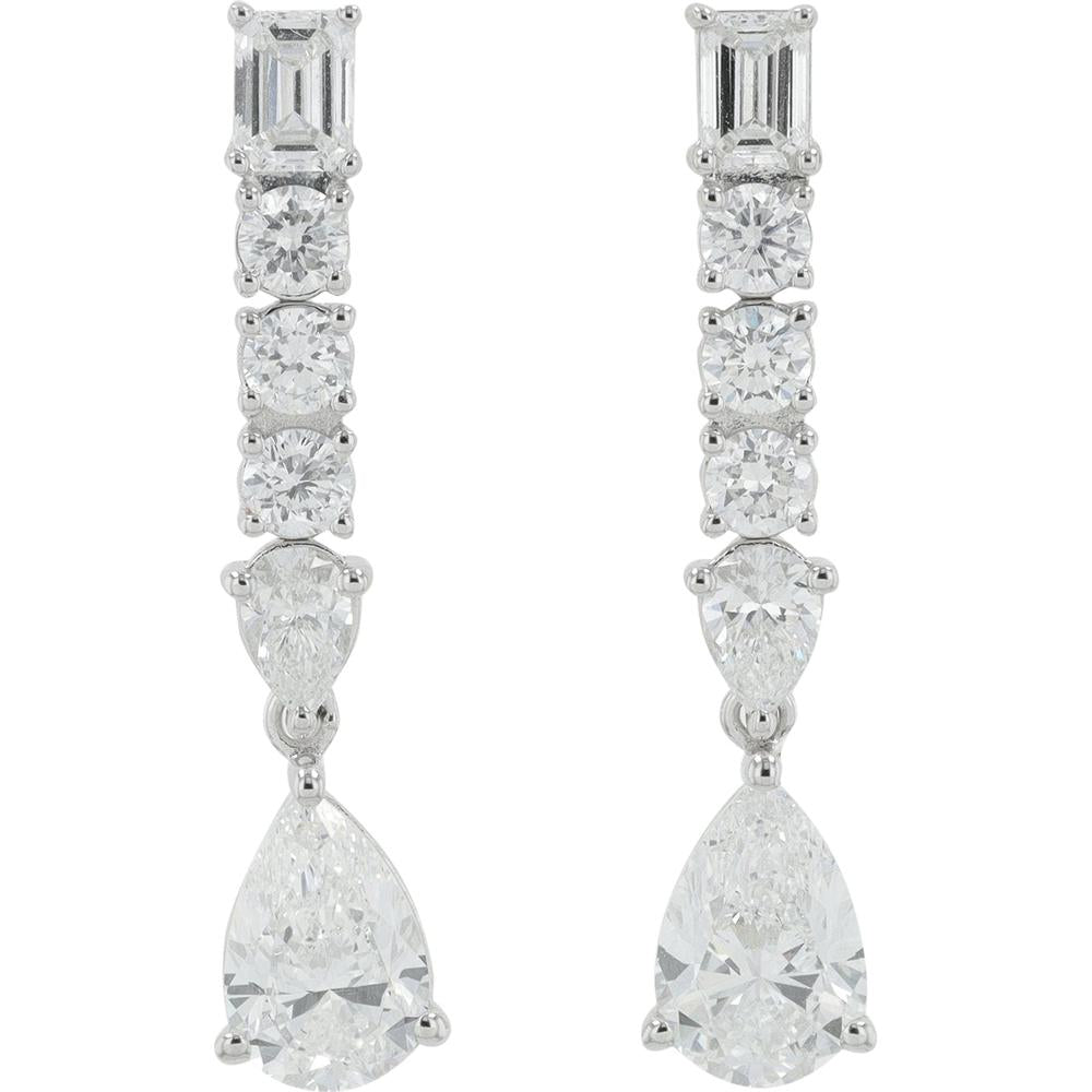 14K White Gold 3.50 Total Carat Weight Lab Grown Diamond Earrings with Emerald, Round, and Pear Cut Diamonds