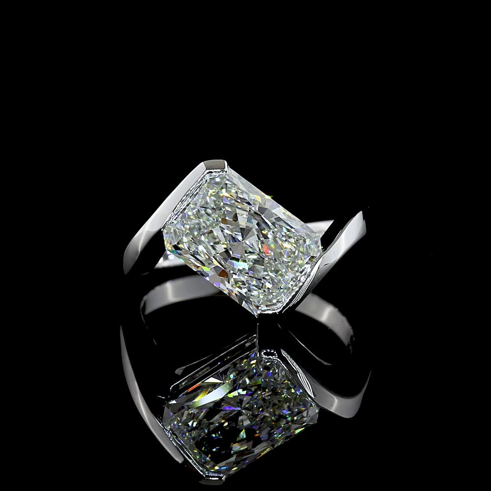 14K White Gold 3.57 Carat Radiant Cut Lab Diamond Solitaire Ring with Inclined Half-Bezel Setting - E-F Color VS1 Clarity - Covaloro Fine Jewelry