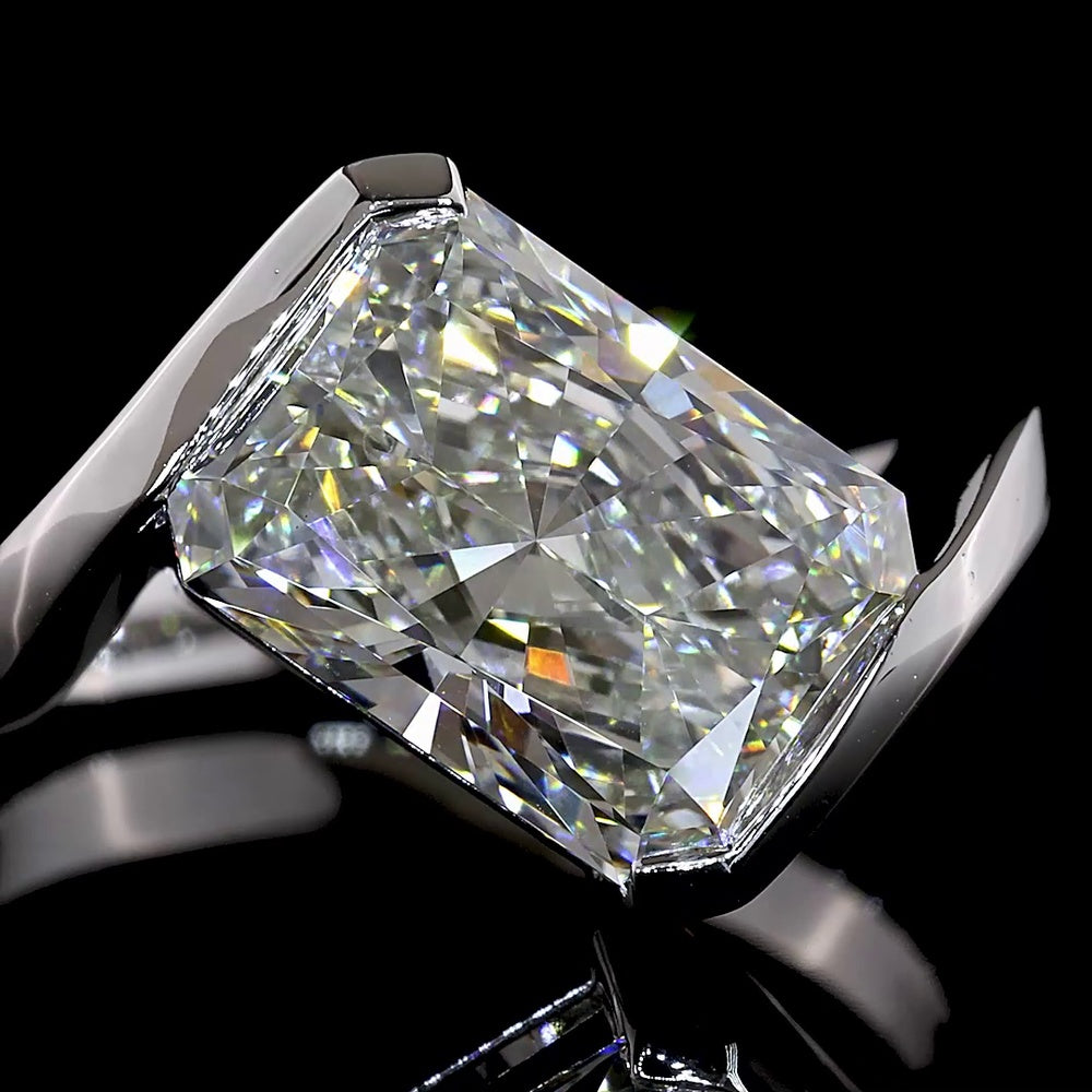 14K White Gold 3.57 Carat Radiant Cut Lab Diamond Solitaire Ring with Inclined Half-Bezel Setting - E-F Color VS1 Clarity - Covaloro Fine Jewelry