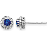 14K White Gold 3.5mm Round Sapphire and Diamond Halo Post Earrings - 0.2 Carat Sapphire, 0.02 Carat Diamond Total Weight by Monteluci Fine Jewelry