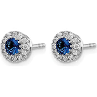14K White Gold 3.5mm Round Sapphire and Diamond Halo Post Earrings - 0.2 Carat Sapphire, 0.02 Carat Diamond Total Weight by Monteluci Fine Jewelry