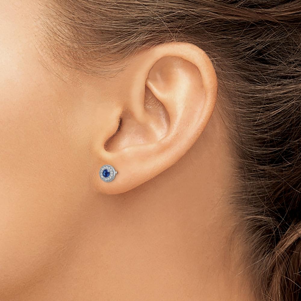 14K White Gold 3.5mm Round Sapphire and Diamond Halo Post Earrings - 0.2 Carat Sapphire, 0.02 Carat Diamond Total Weight by Monteluci Fine Jewelry