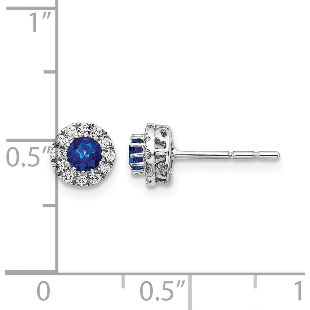 14K White Gold 3.5mm Round Sapphire and Diamond Halo Post Earrings - 0.2 Carat Sapphire, 0.02 Carat Diamond Total Weight by Monteluci Fine Jewelry