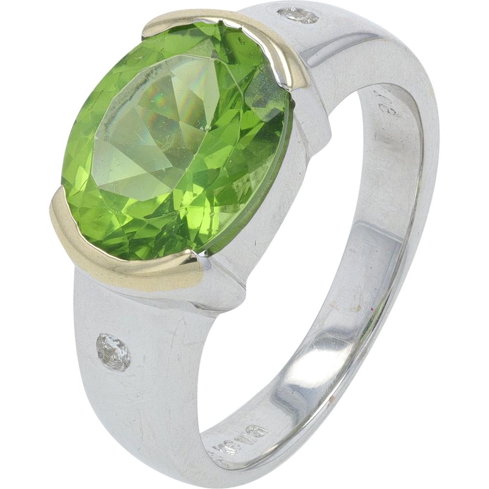 14K White Gold 3.64 Carat Oval Peridot Ring with 0.03 Carat Diamond Accents