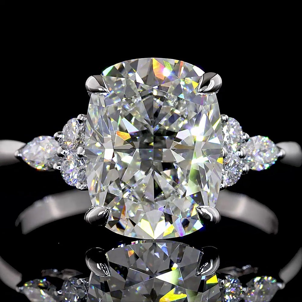 14K White Gold 3.69 Carats Total Weight Cushion Brilliant Cut Lab Diamond Ring with Marquise and Round Side Stones - F VS1 Center - Covaloro Fine Jewelry