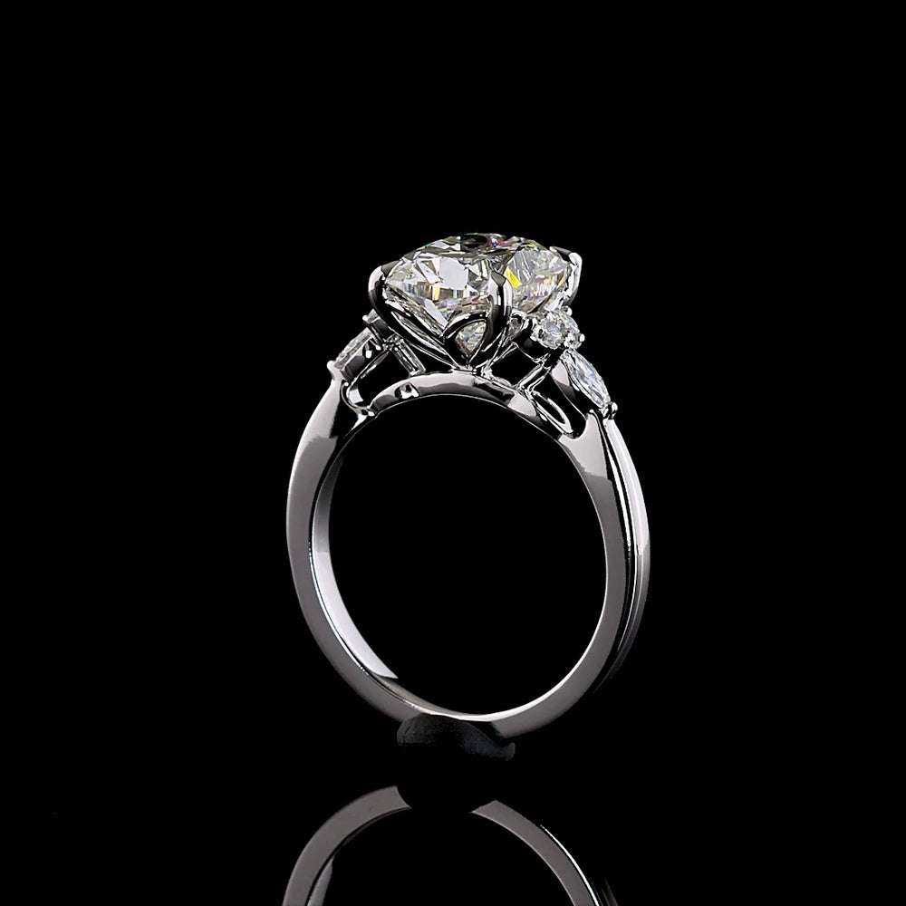 14K White Gold 3.69 Carats Total Weight Cushion Brilliant Cut Lab Diamond Ring with Marquise and Round Side Stones - F VS1 Center - Covaloro Fine Jewelry