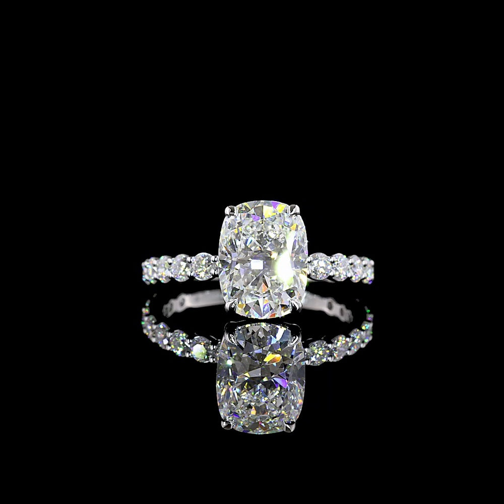 14K White Gold 3.93 Carat Cushion Cut Lab Diamond Solitaire Shank Ring with Round Accent Diamonds - IGI Certified D VVS2 Center Stone - Covaloro Fine Jewelry