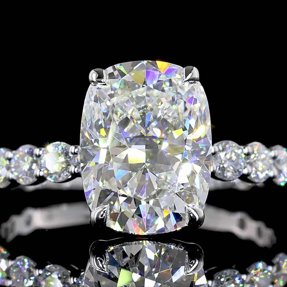 14K White Gold 3.93 Carat Cushion Cut Lab Diamond Solitaire Shank Ring with Round Accent Diamonds - IGI Certified D VVS2 Center Stone - Covaloro Fine Jewelry
