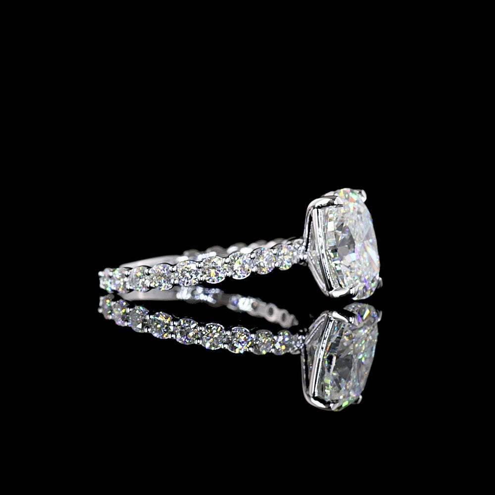 14K White Gold 3.93 Carat Cushion Cut Lab Diamond Solitaire Shank Ring with Round Accent Diamonds - IGI Certified D VVS2 Center Stone - Covaloro Fine Jewelry