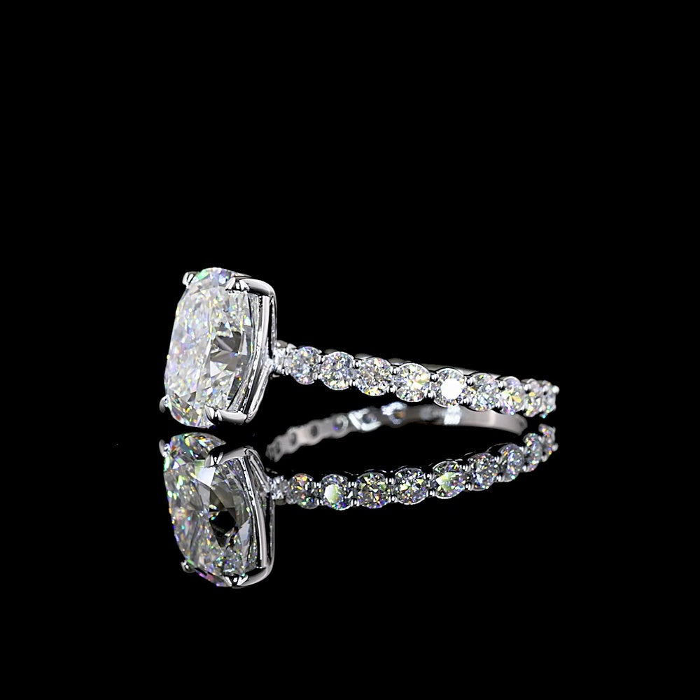 14K White Gold 3.93 Carat Cushion Cut Lab Diamond Solitaire Shank Ring with Round Accent Diamonds - IGI Certified D VVS2 Center Stone - Covaloro Fine Jewelry