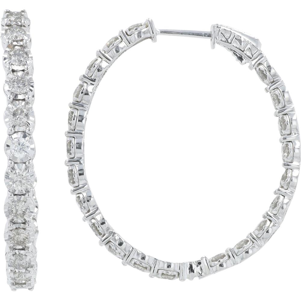 14K White Gold 3 Carat Diamond Inside - Out Hoop Earrings - 3.00 Carat Total Diamond Weight
