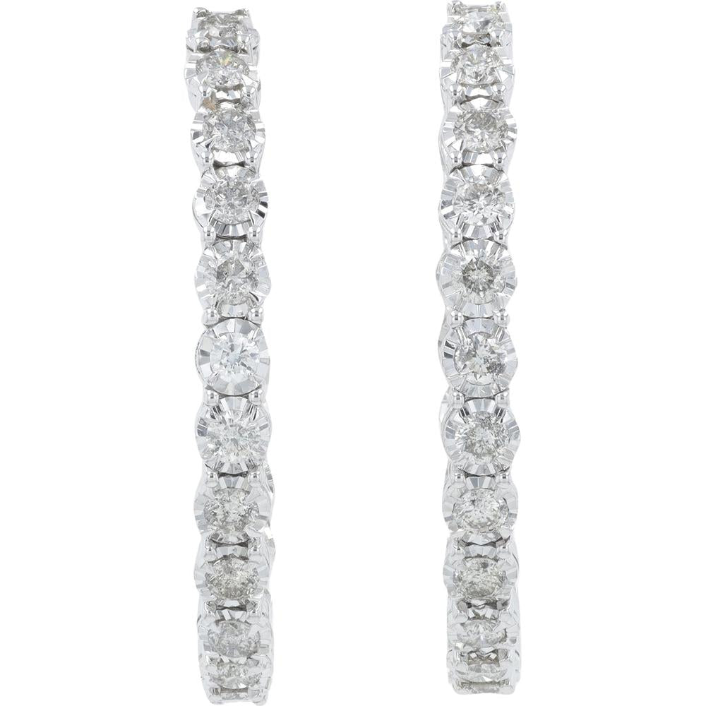 14K White Gold 3 Carat Diamond Inside - Out Hoop Earrings - 3.00 Carat Total Diamond Weight