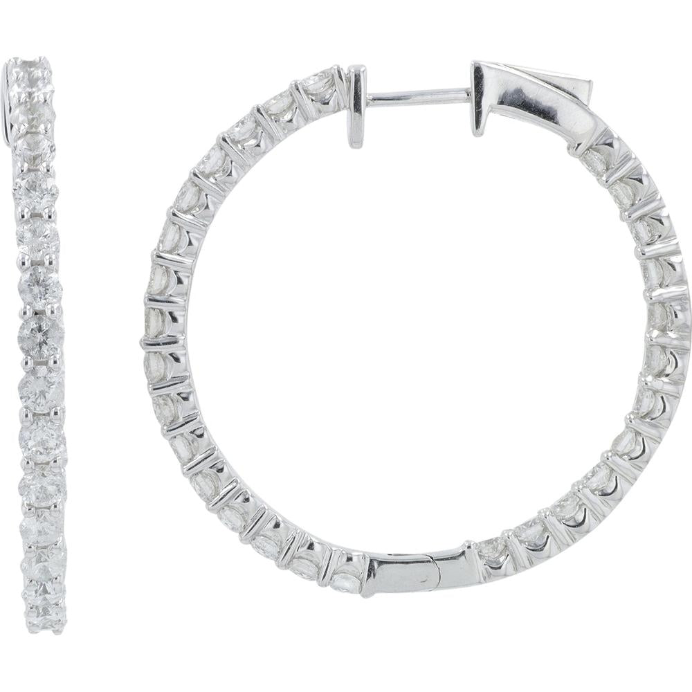 14K White Gold 3 Carat Diamond Inside - Out Hoop Earrings - 3.00 Carat Total Diamond Weight