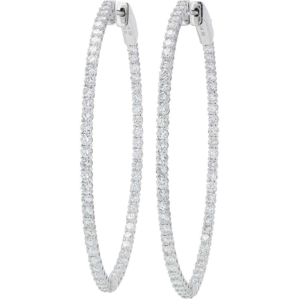 14K White Gold 3 Carat Inside - Out Diamond Hoop Earrings - 3.00 Carat Total Diamond Weight