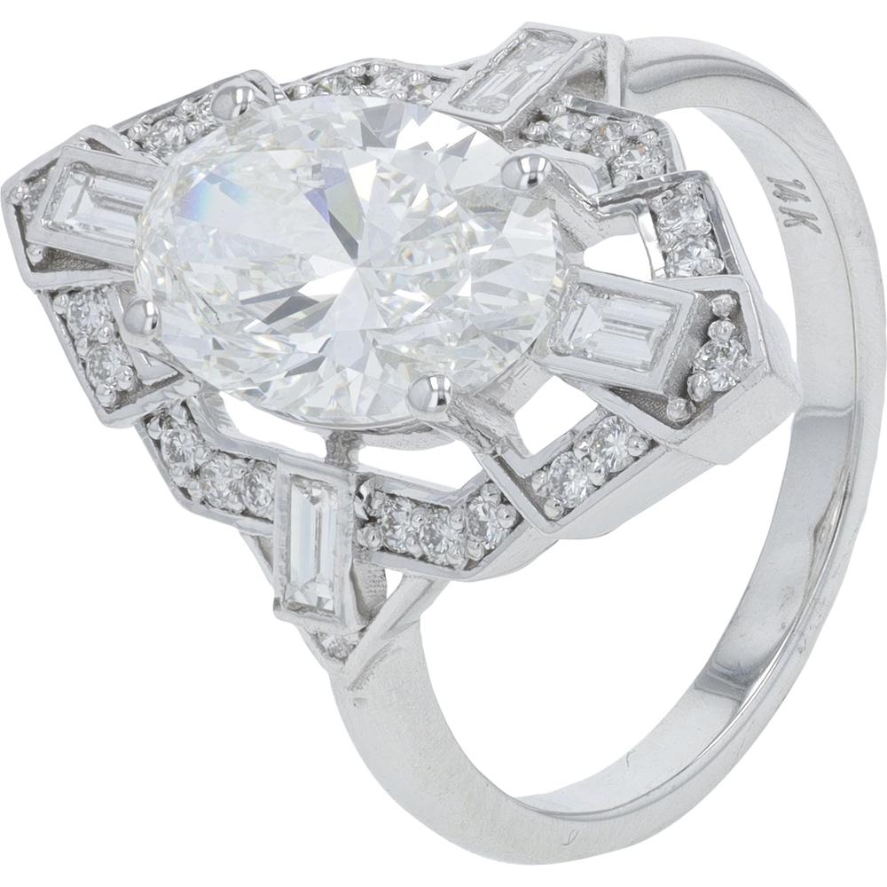 14K White Gold 3 Carat Lab Grown Diamond Art Deco Ring with Baguette and Pavé Accents - 3.25 Carat Total Diamond Weight