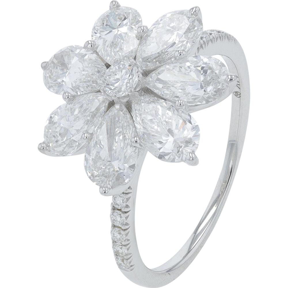 14K White Gold 3 Carat Lab Grown Diamond Flower Ring with Marquise, Pear, and Round Diamonds