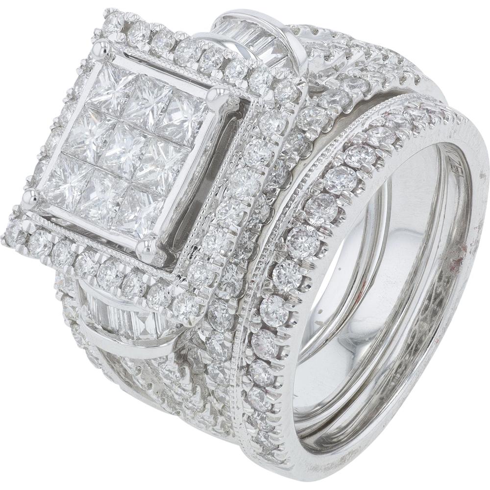 14K White Gold 3 Carat Princess Cut Diamond Bridal Set with Halo and Milgrain Details