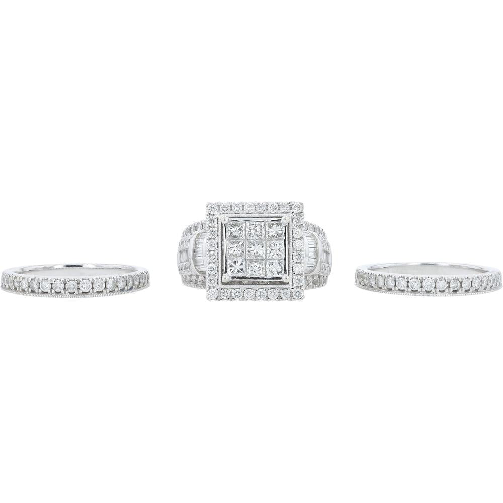 14K White Gold 3 Carat Princess Cut Diamond Bridal Set with Halo and Milgrain Details