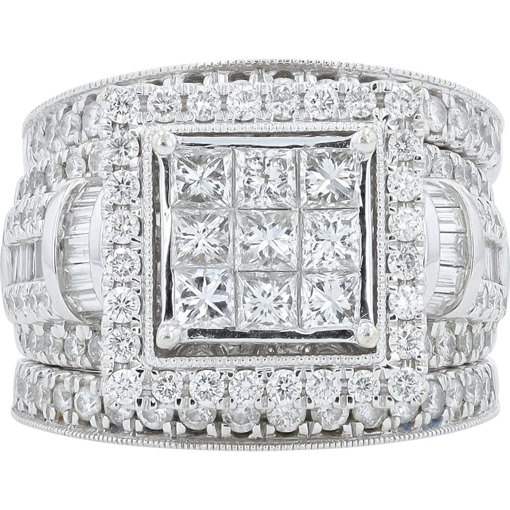 14K White Gold 3 Carat Princess Cut Diamond Bridal Set with Halo and Milgrain Details