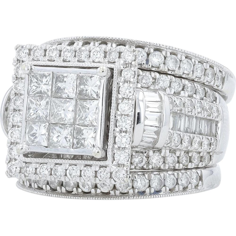14K White Gold 3 Carat Princess Cut Diamond Bridal Set with Halo and Milgrain Details