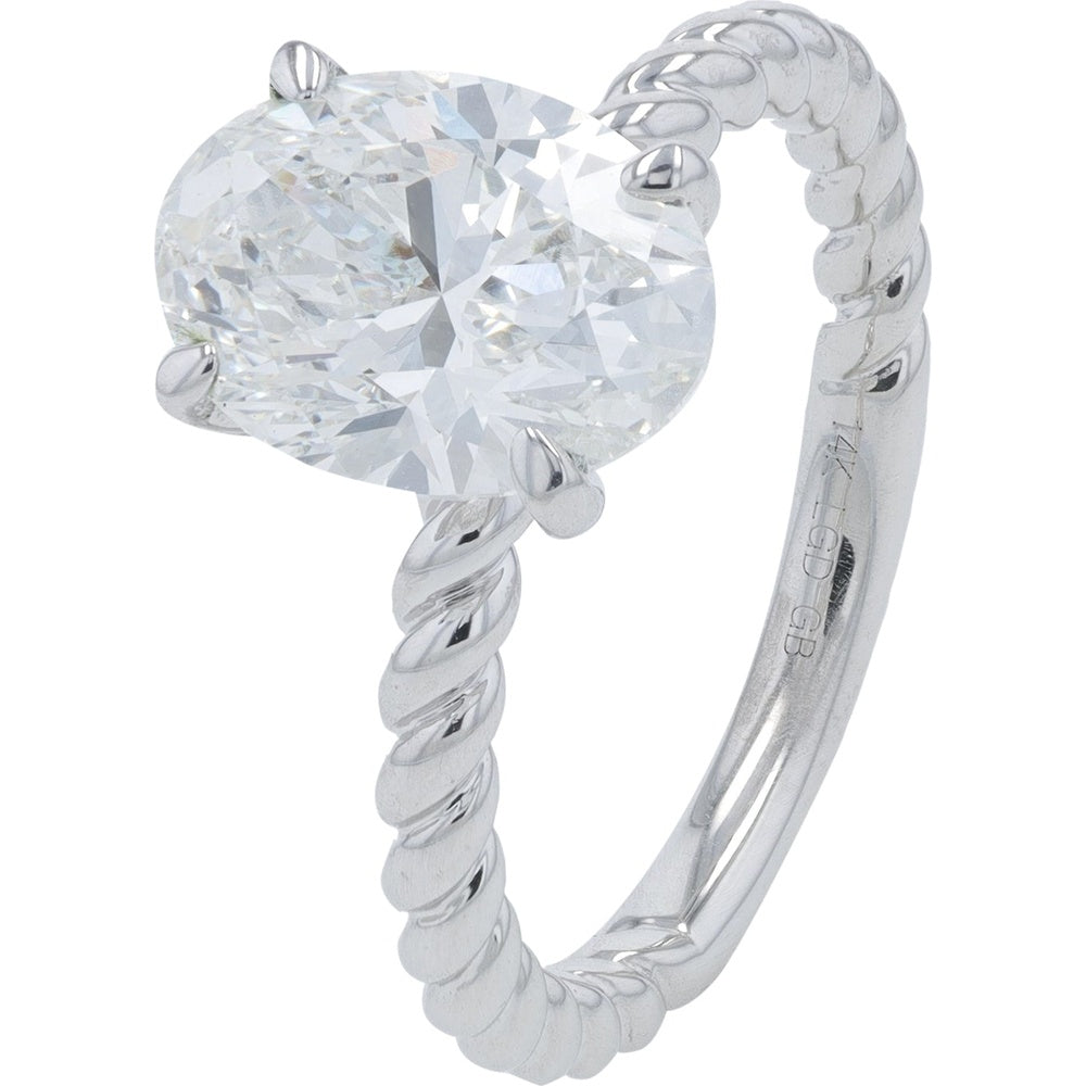 14K White Gold 3-Carat Total Weight Lab Grown Oval Diamond Solitaire Engagement Ring with Twisted Rope Band